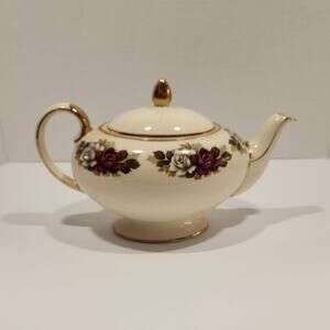 Ivory Floral Ceramic Teapot with Gold Trim, Glossy Finish, 10" Wide, 5" Tall